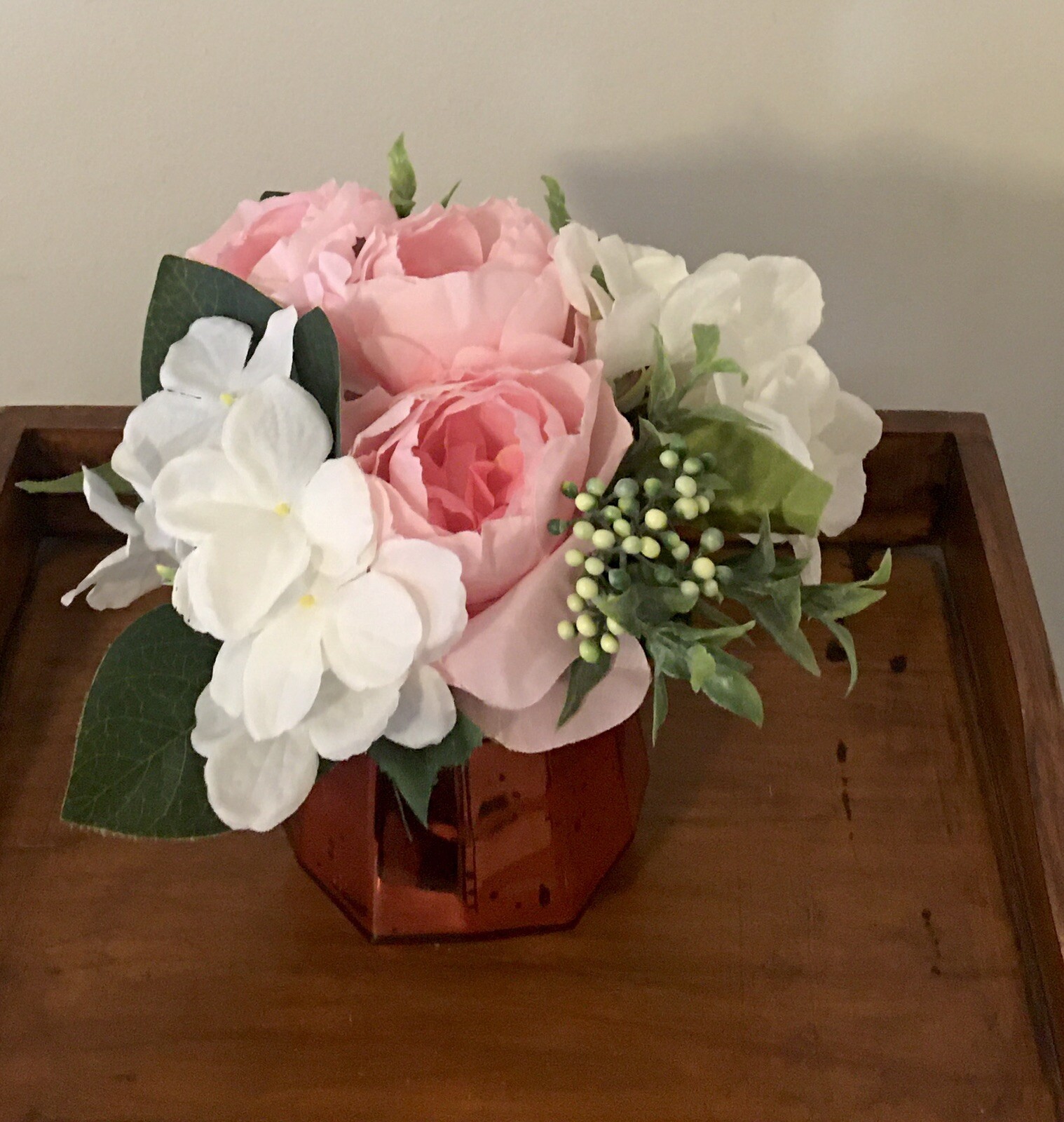 Floral Arrangement with Dahlia Hydrangea Berries in Bronze Glass Vase Handmade