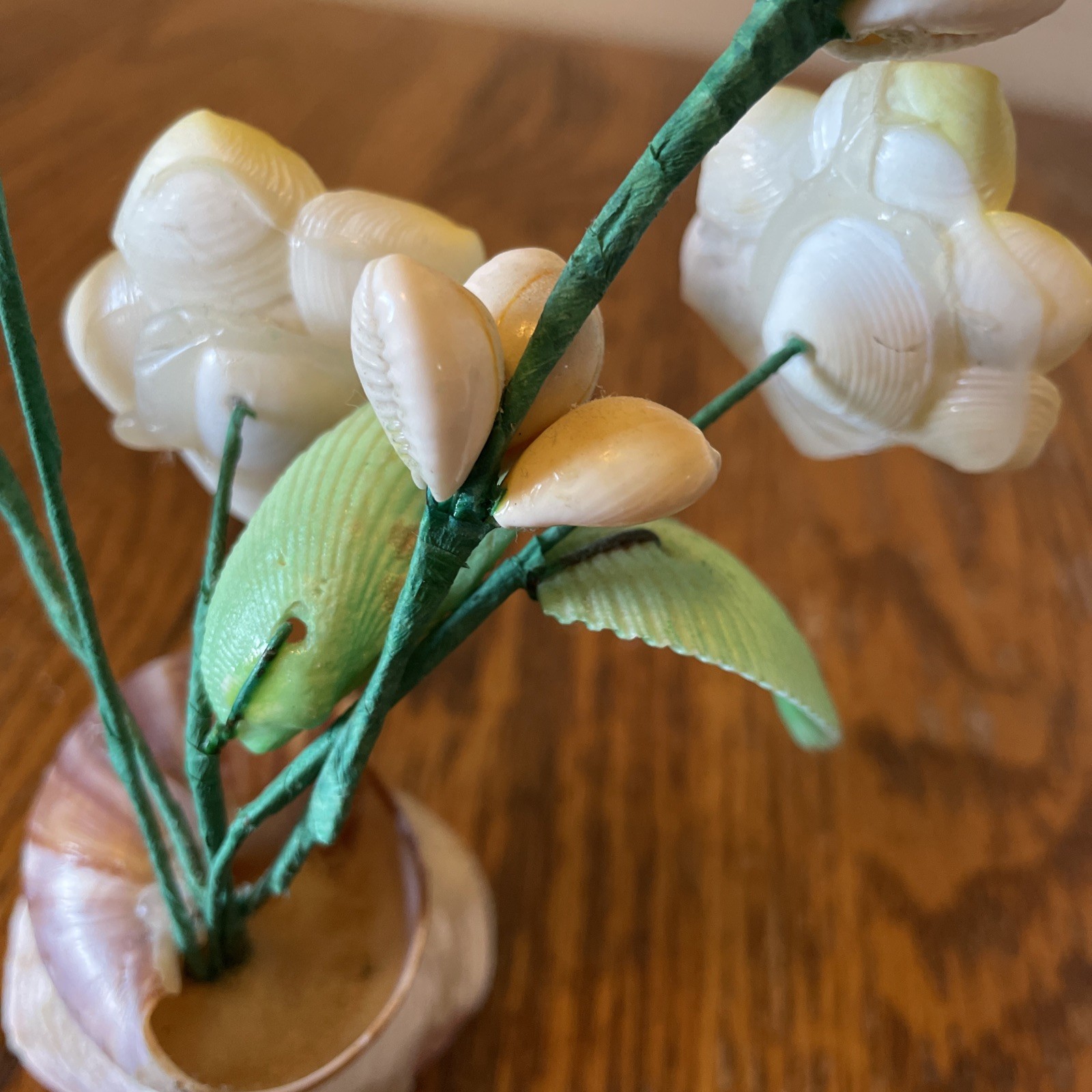 Vintage Handmade Sea Shell Bouquet of Yellow Flowers Floral Arrangement Kitsch