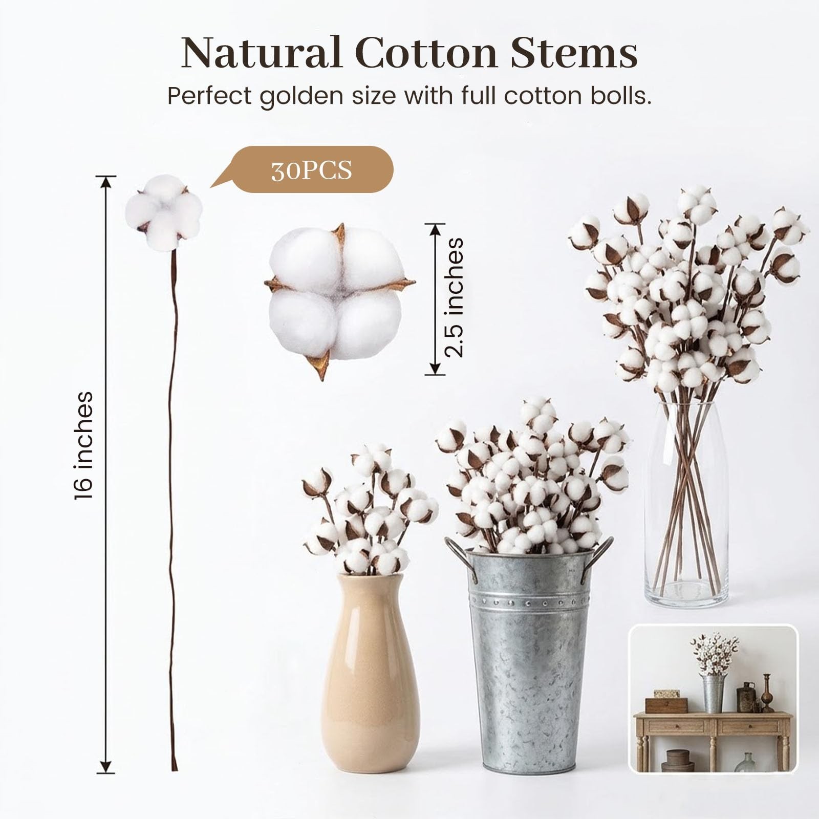 DomeStar 30PCS Natural Dried Cotton Stems 16″ Tall, Rustic Cotton Sprigs for …