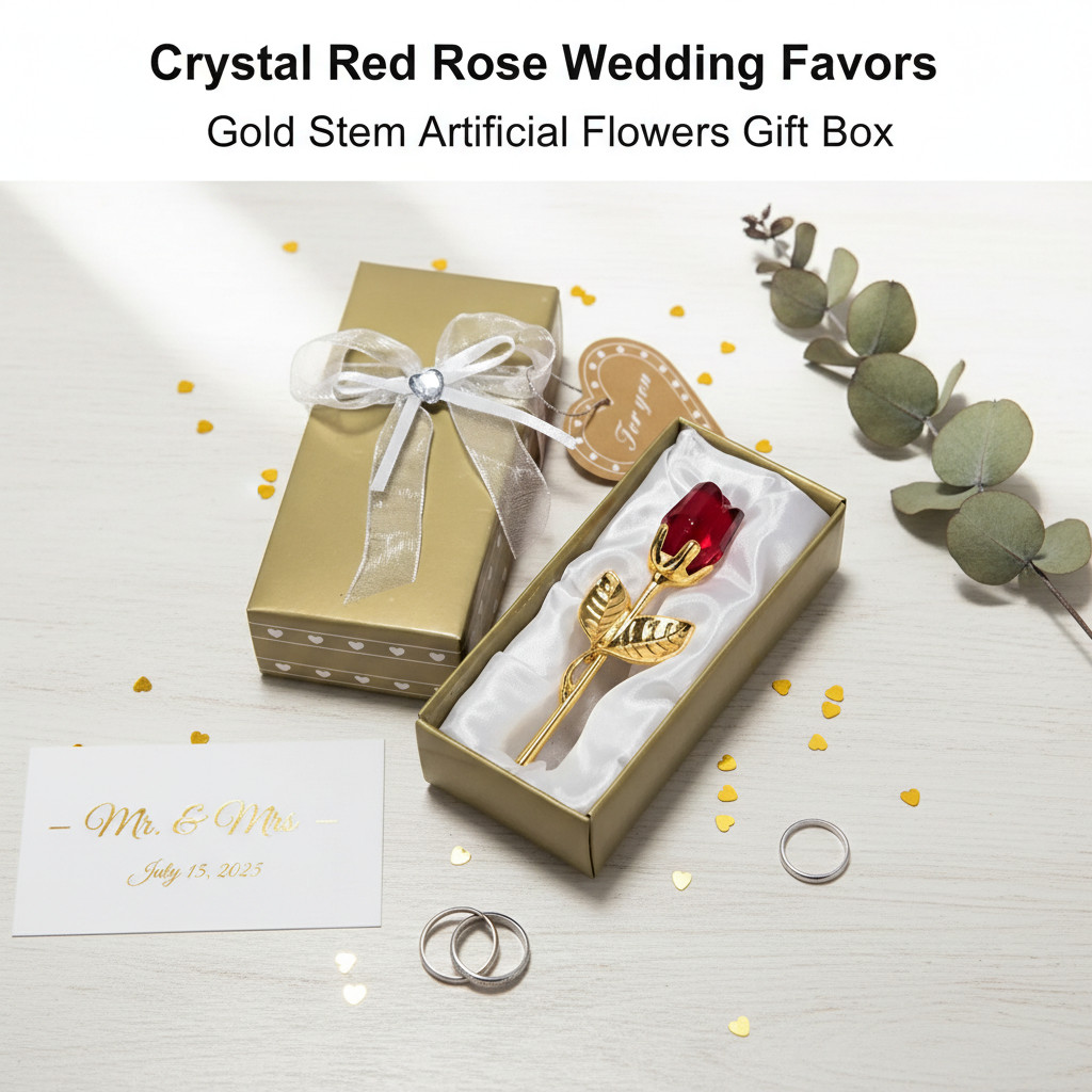 Crystal Red Rose Gold Stem Gift – Forever Artificial Flowers Wedding Favors Box
