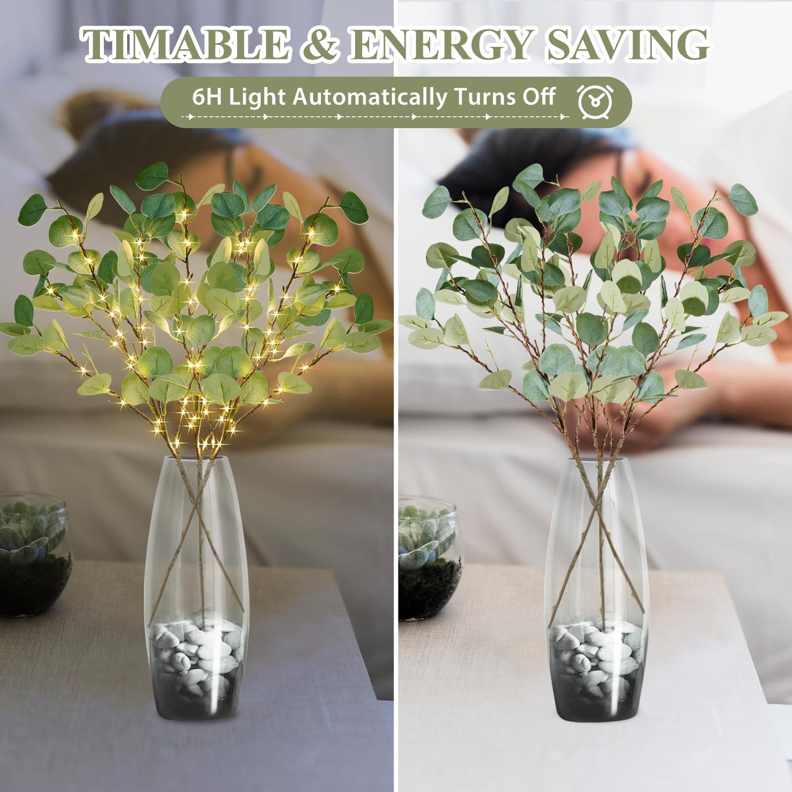 Lighted Artificial Eucalyptus Branches with Timer, Light Up Eucalyptus Branch…