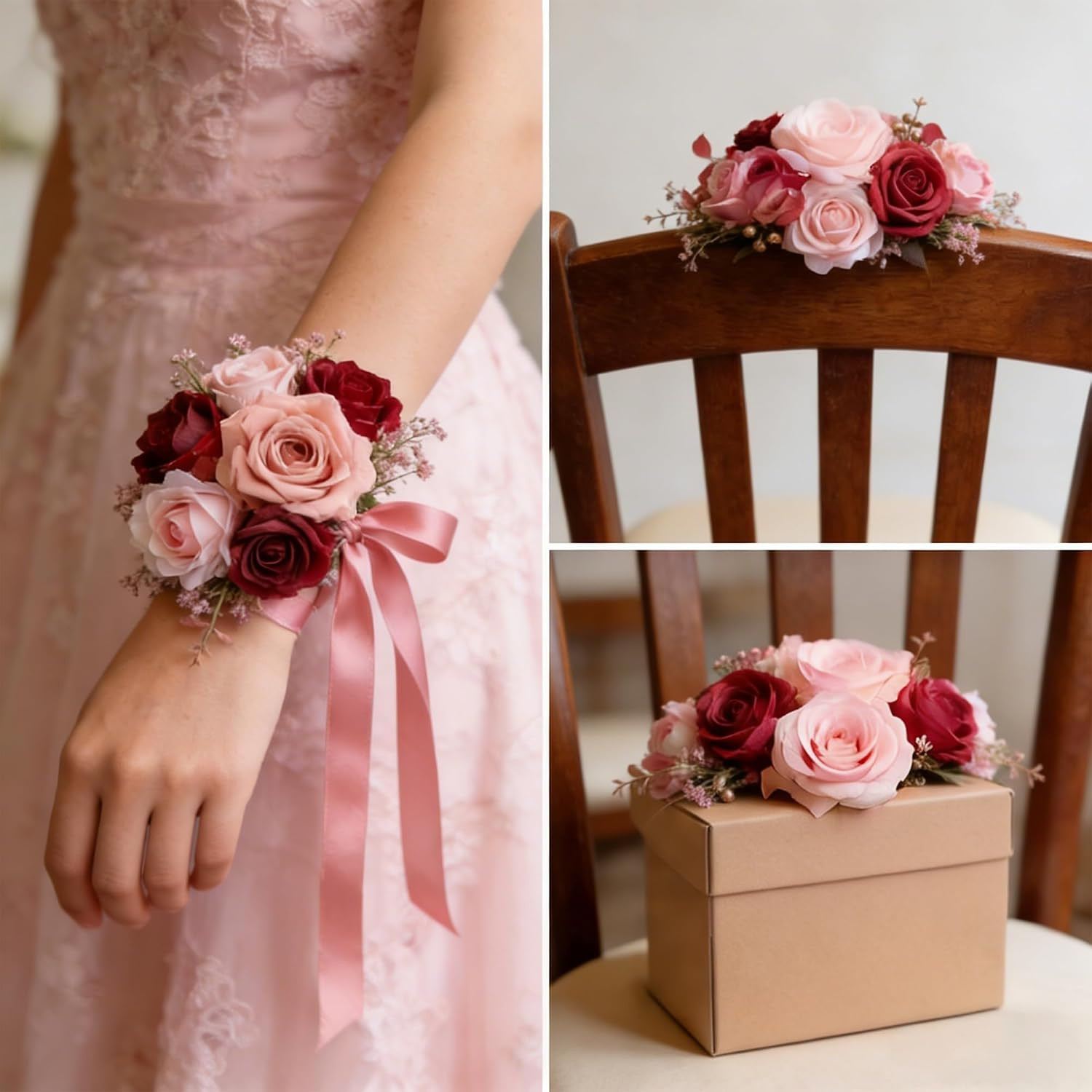 Red Artificial Silk Flowers Combo with Pompom, Roses & Red Stems for DIY Wedding