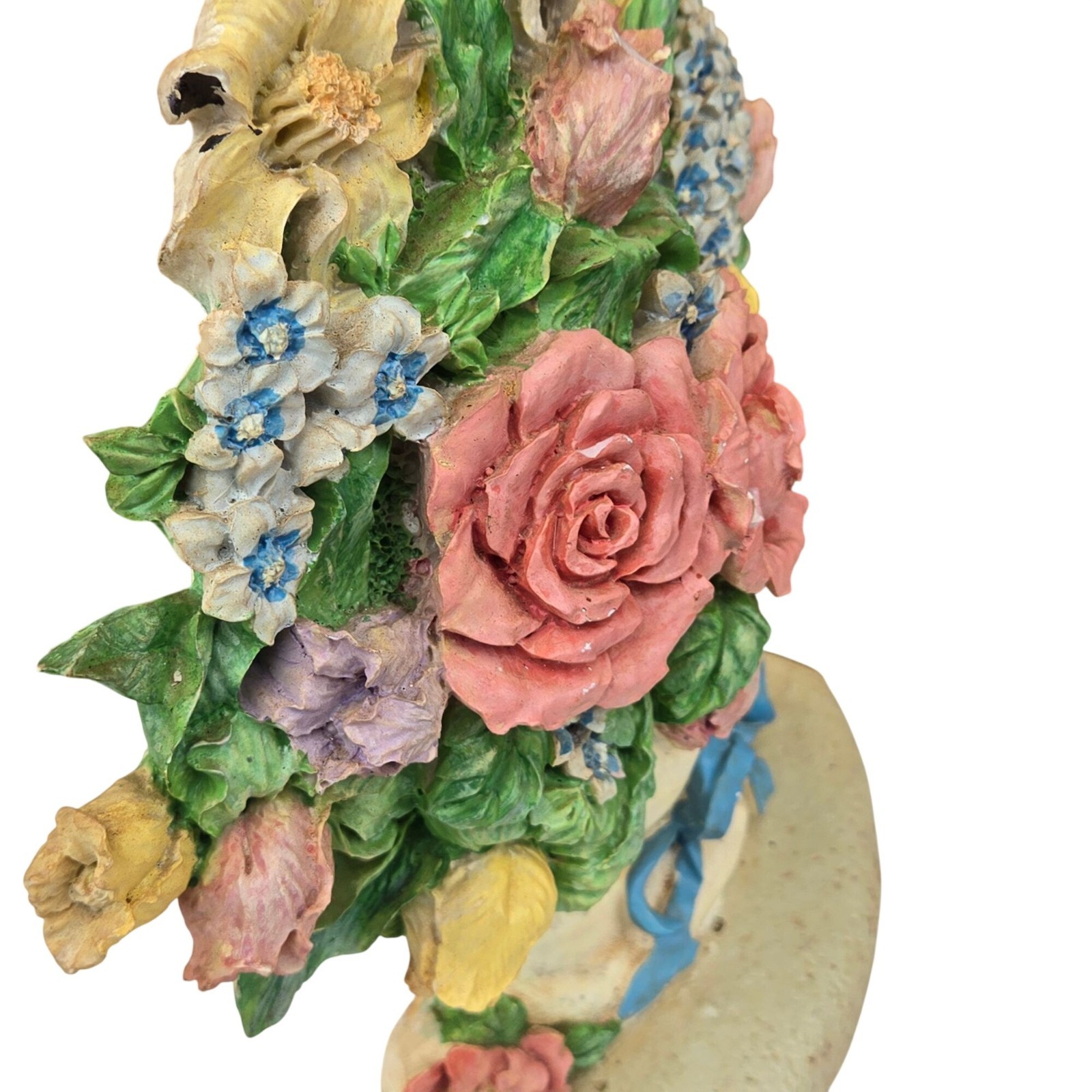 Vintage Flower Arrangement Doorstop Shabby Cottagecore Floral White Blue Ribbon