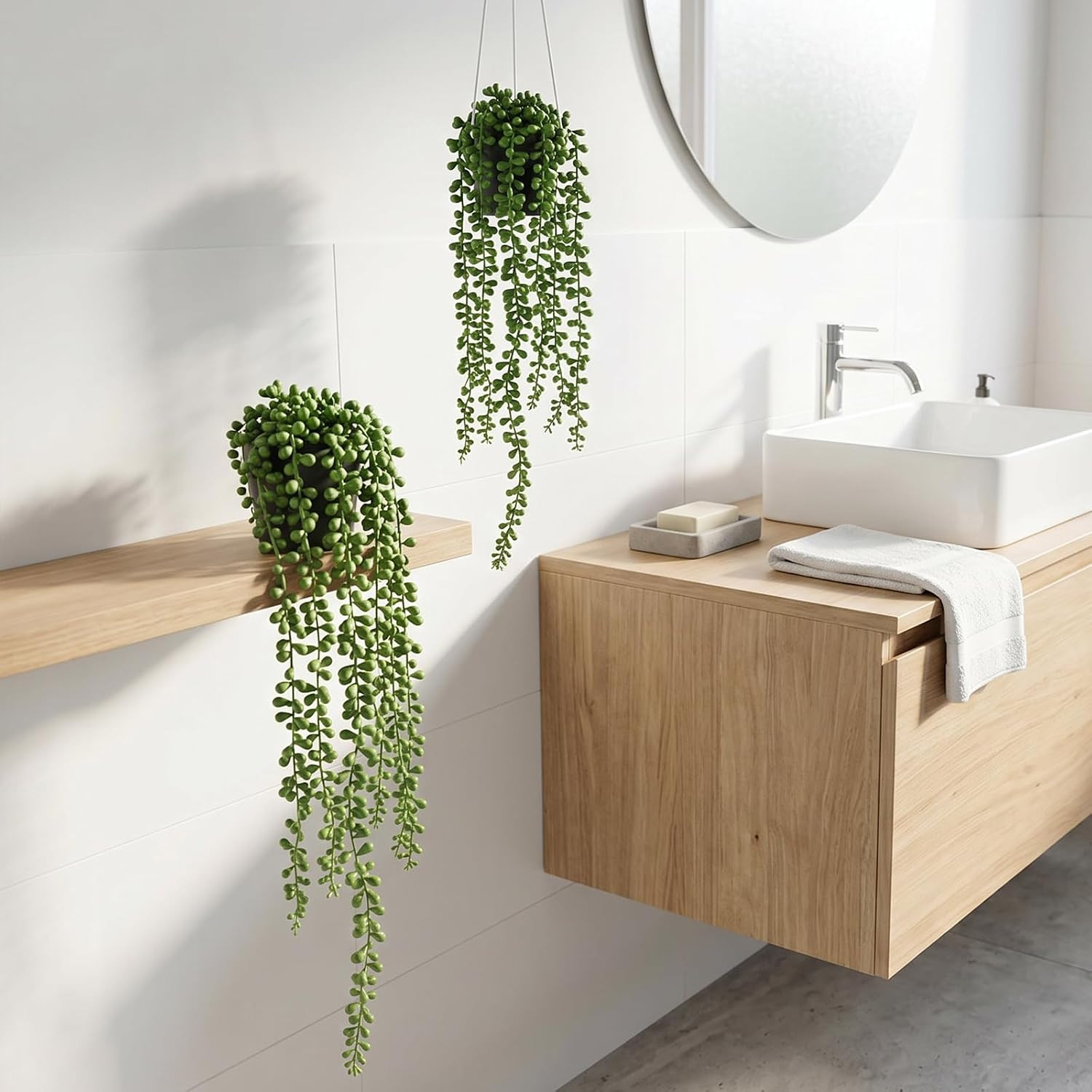 String of Pearls Plant Artificial, 2Pcs Faux Plants Indoor in Black Pots, Realis