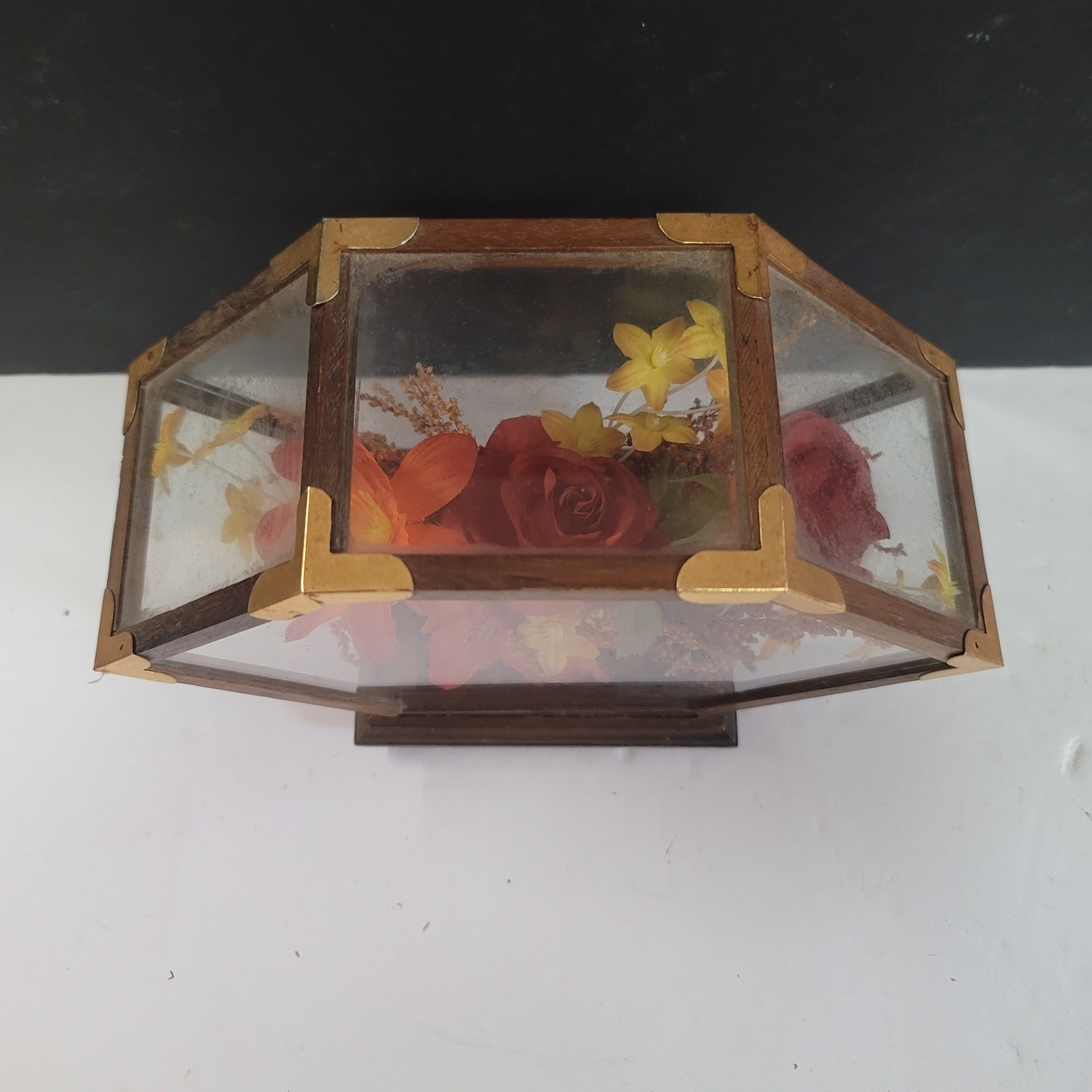 Vintage glass brass wood encased flowers decor Autumnal Colors
