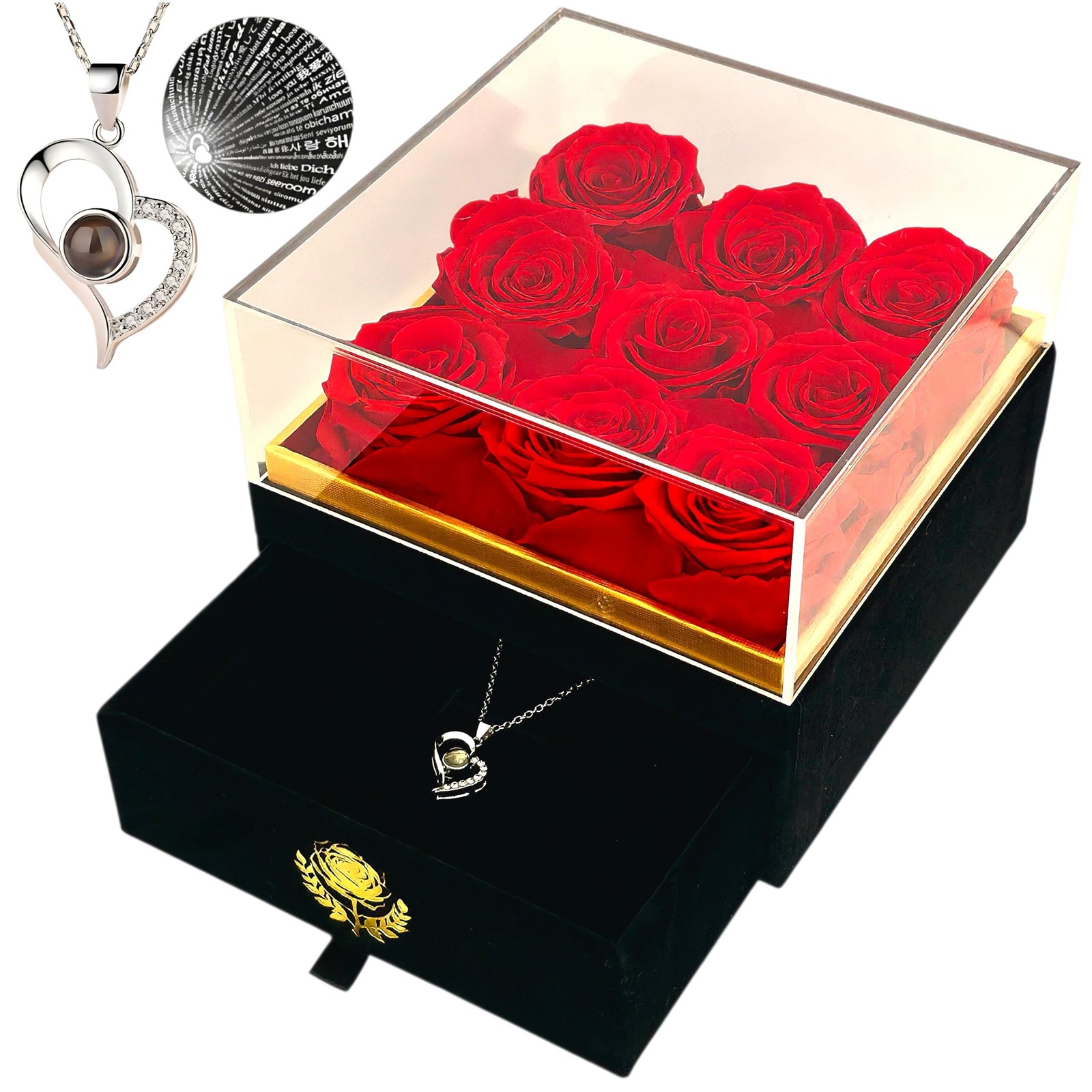 Eterno Bel Fiore Luxury Preserved Roses – I Love You Necklace – Velvet Box wi…