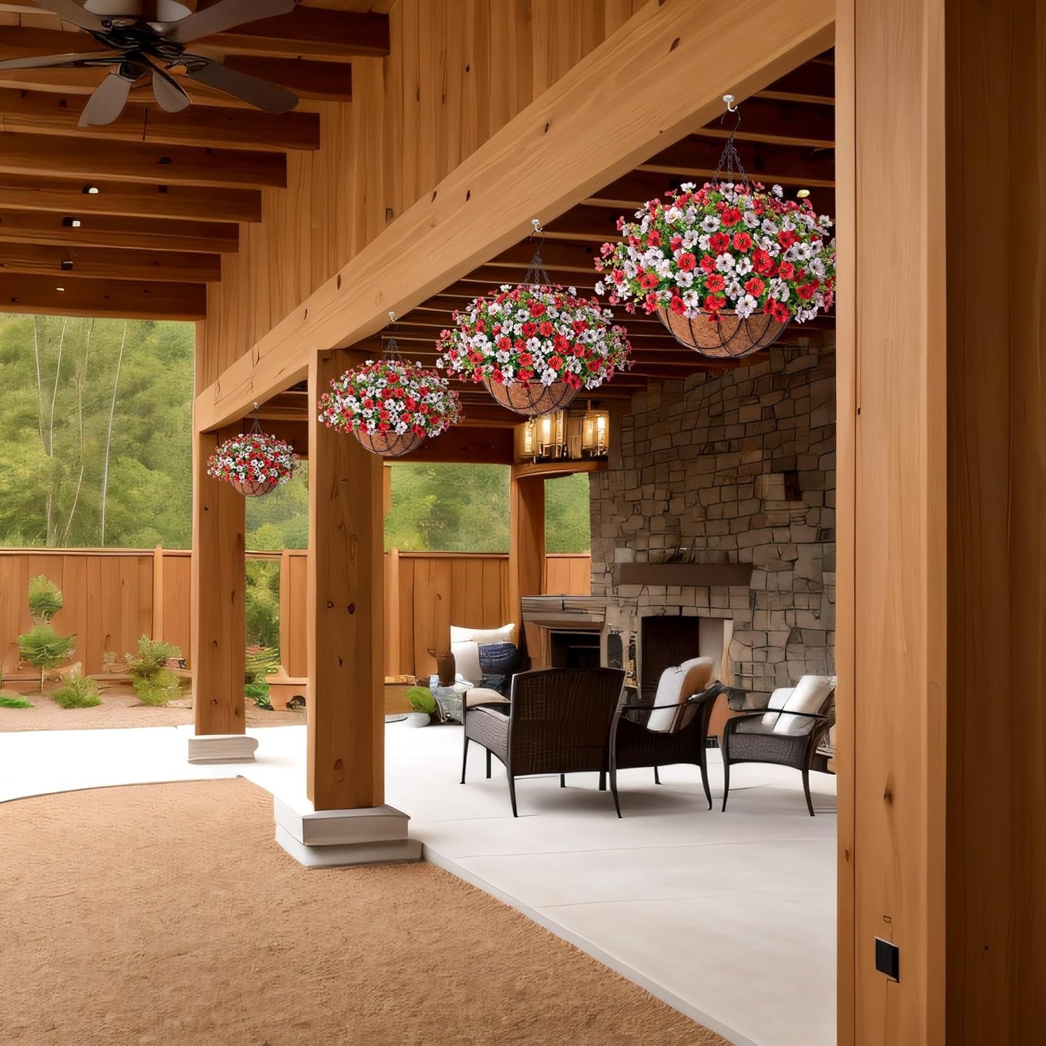 Artificial Silk Flowers Hanging Baskets Outdoors Indoors,Daisy Red and White
