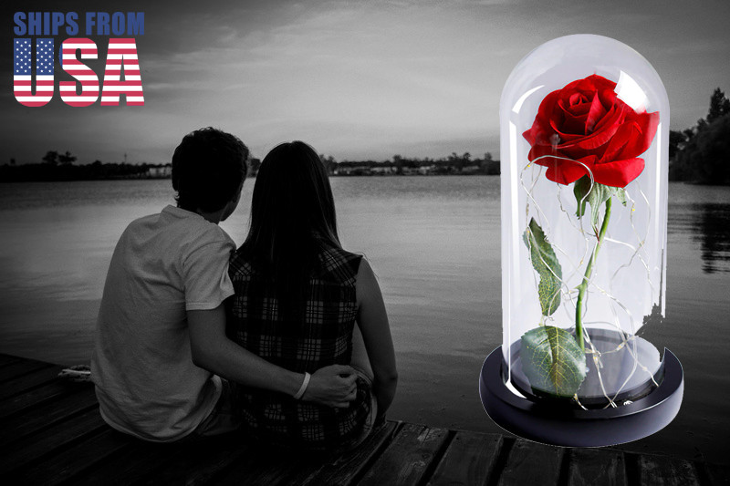 Red Rose In Crystal Clear Glass Dome with Soft White LED Lights – Color of Love