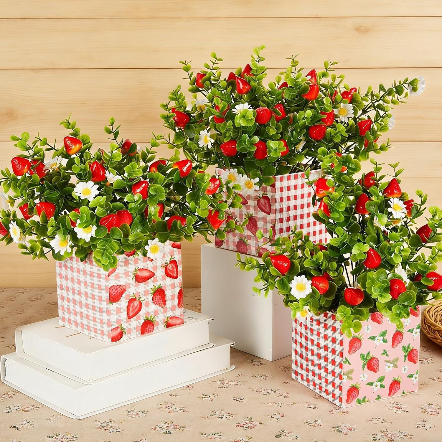 Summer Strawberry Centerpiece Decor – 4 Sets of Artificial Plants & Box