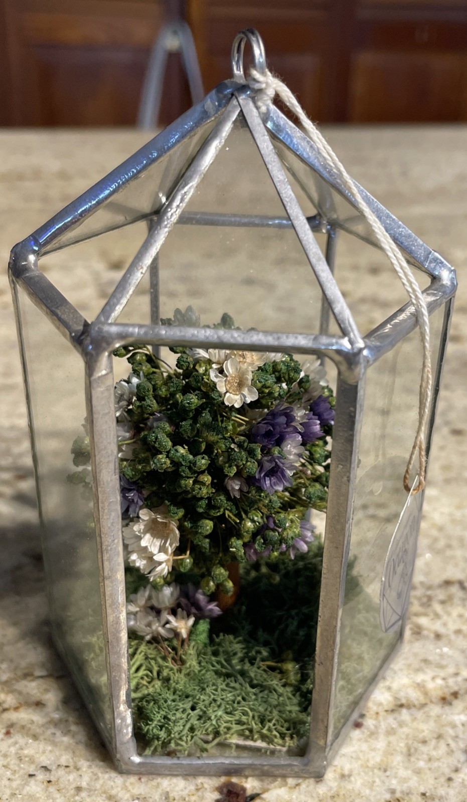 Handcrafted Octagon Real Dried Flowers Hanging Glass/Metal Frame Floral Decor 5”