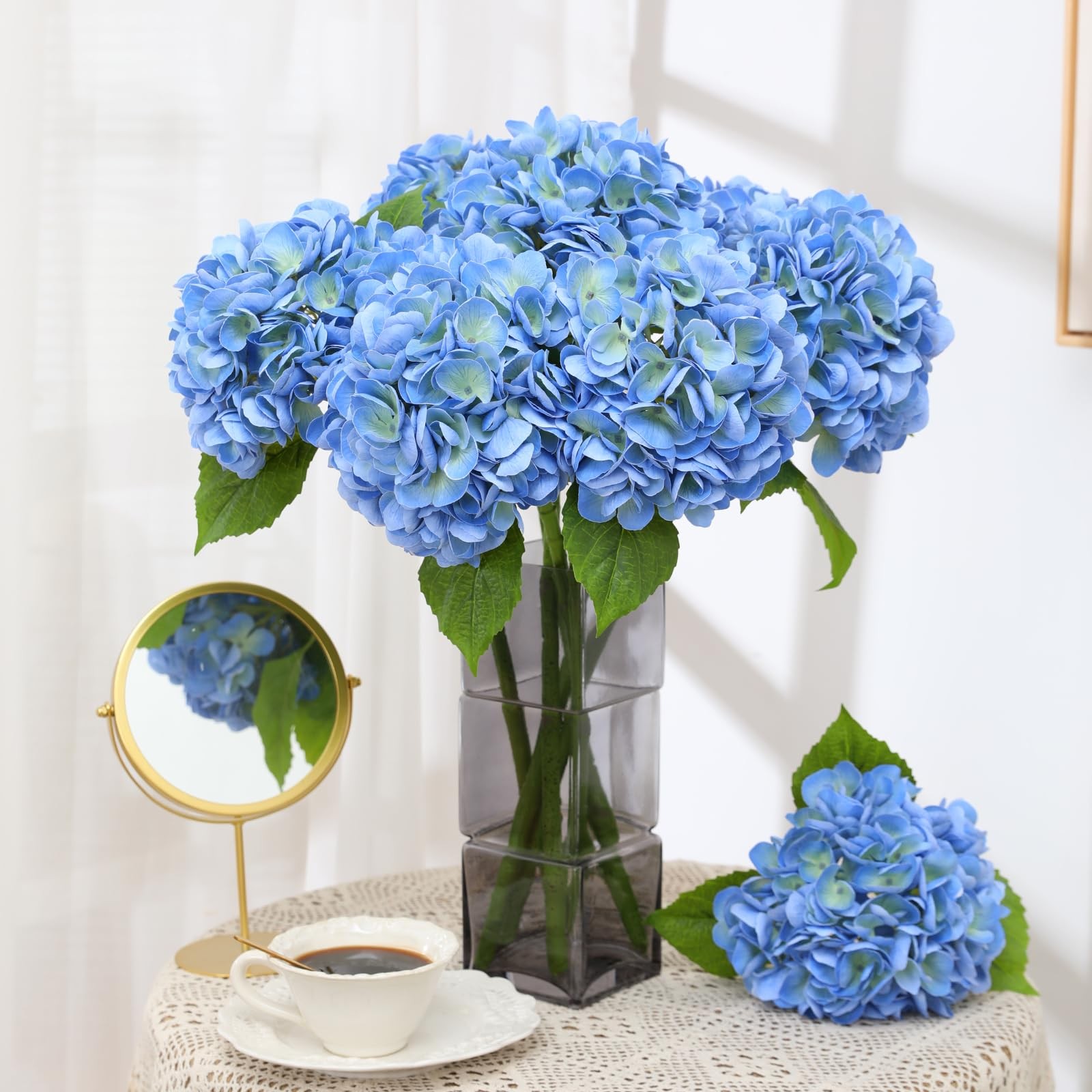 4Pcs Blue Hydrangea Artificial Flowers, 22.5In Latex Faux Real Touch Large Hy…