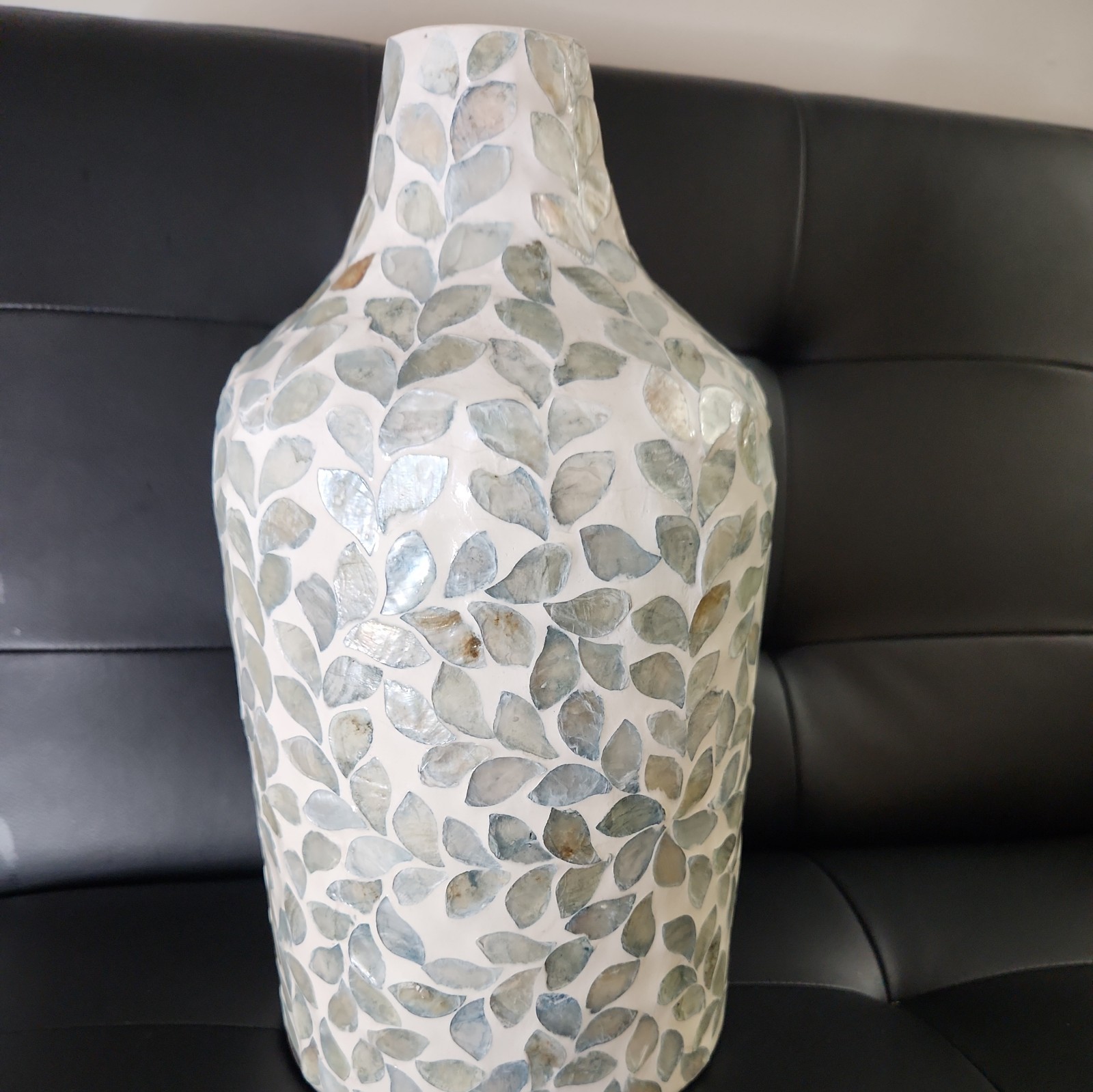 Handcrafted Textured Ceramic Vase Leaf Design Vietnam 12” Decorative Art