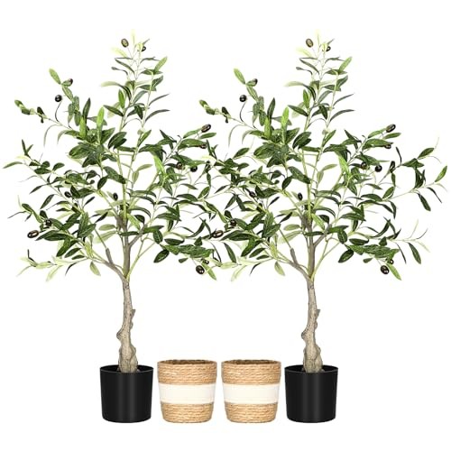2 Packs Artificial Olive Tree 3 ft Indoor Faux Olive Tree Tall Fake Silk