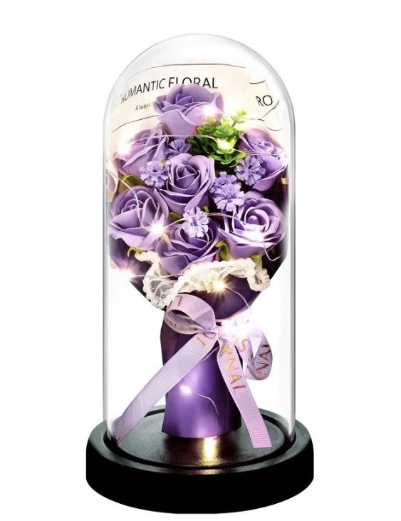 Artificial Pink Rose Bouquet Under Glass Dome w/ LED Lights 8.19in