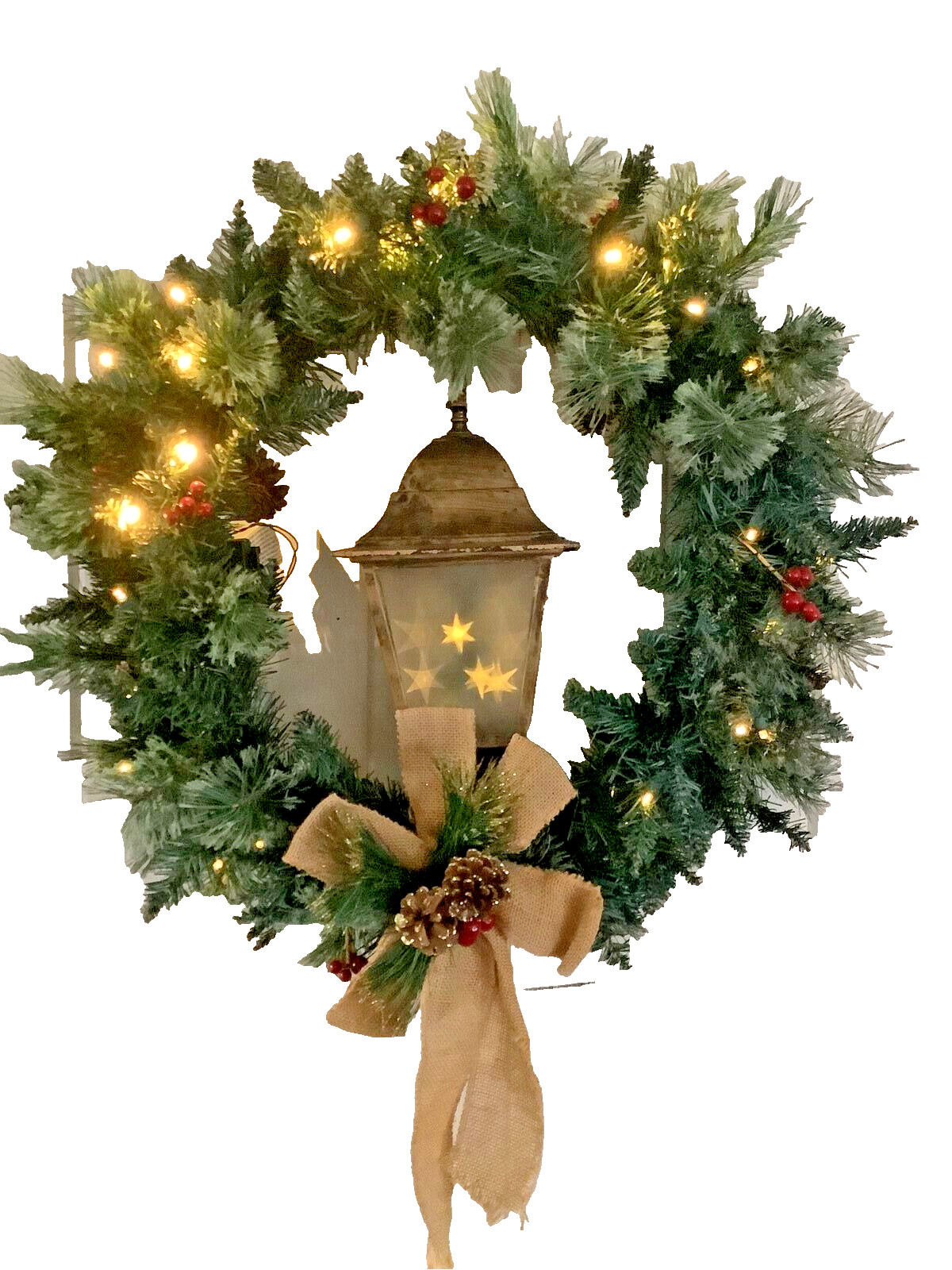 VTG 26″ ” Artificial Pine Wreath w Battery Lighted Lantern Burlap Christmas