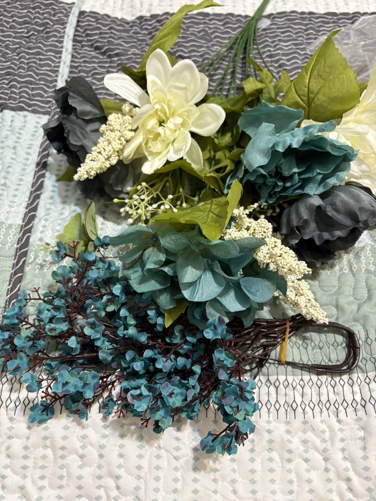Artificial Flowers Lot, Floral Stems, Faux greenery, Blue, White, Wreath Making