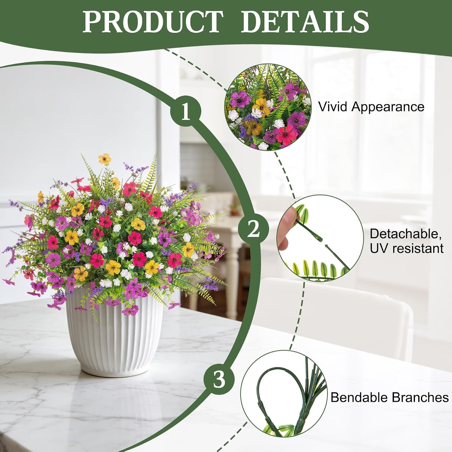 Low Maintenance Outdoor Decoration – 12 PCS Mixed Faux Flowers & Ferns