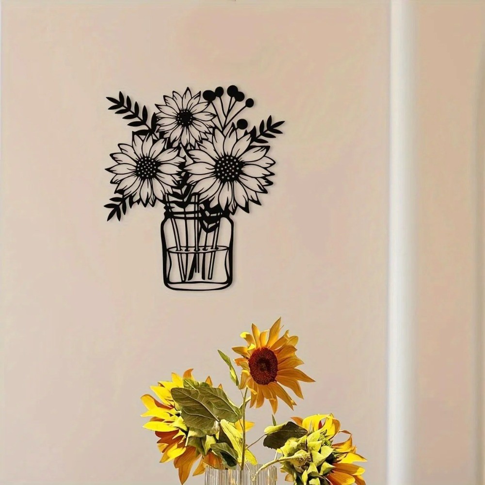 Black Sunflower Metal Wall Vase Sculpture – Nature-Inspired Bathroom Decor