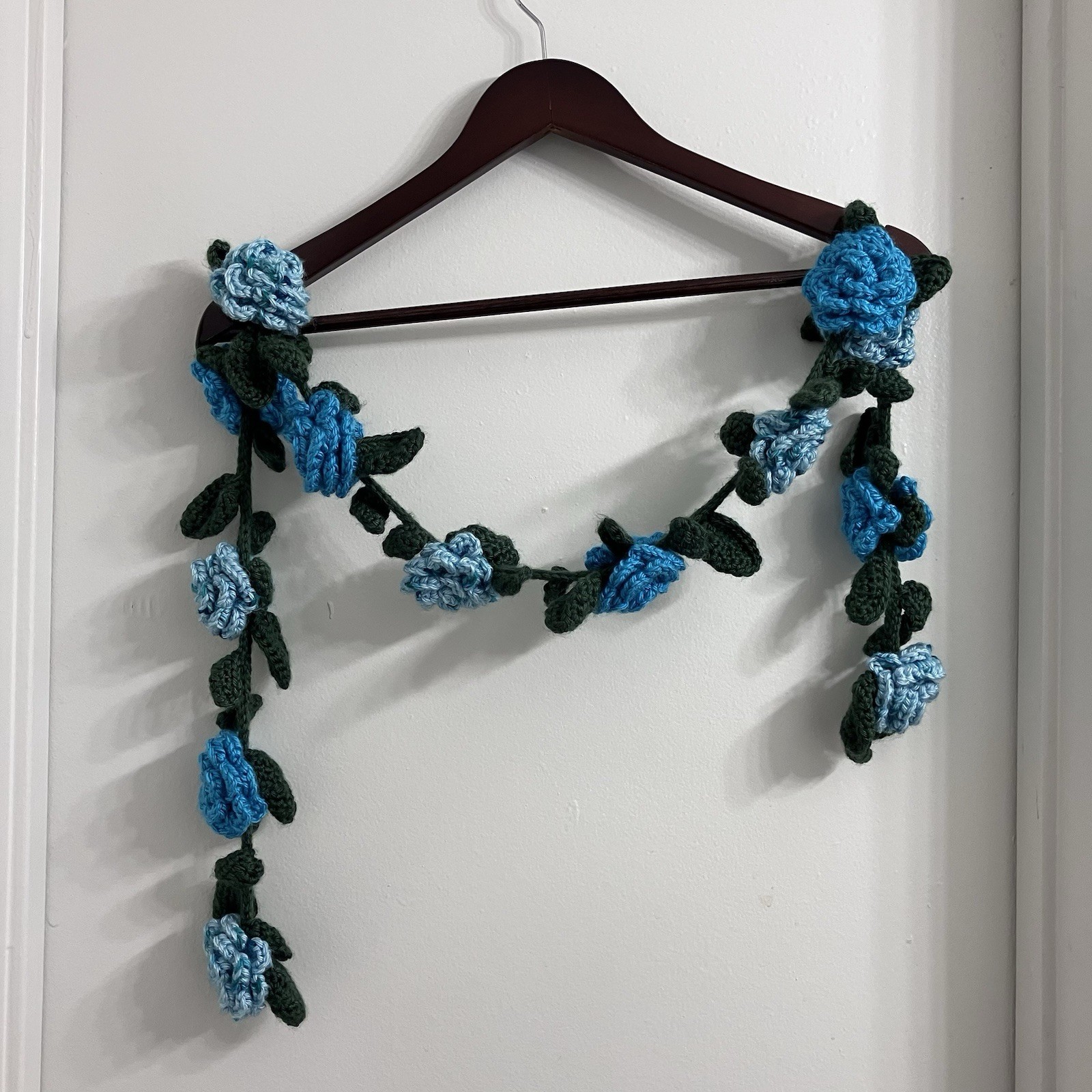Handmade Crochet Blue Rose Flower Vine Garland Scarflette Boho Cottagecore 50″