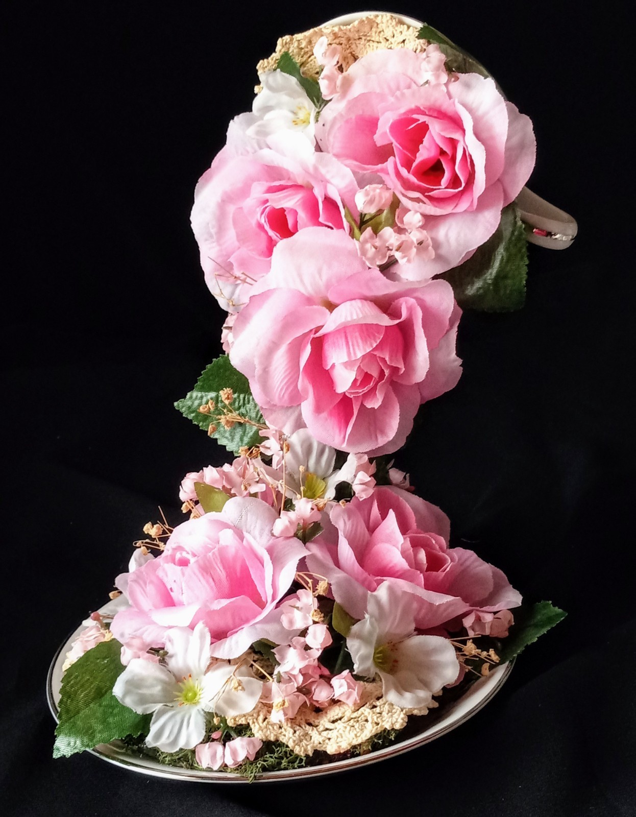 New Floral China Floating Teacup W Pink Floral Arrangement 8″ Tall #B FL#2