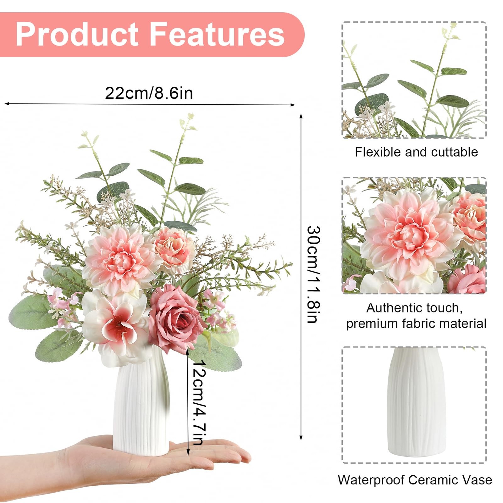 Small 11″ Artificial Flowers in Ceramic Vase – Pink Silk Flower Centerpiece f…