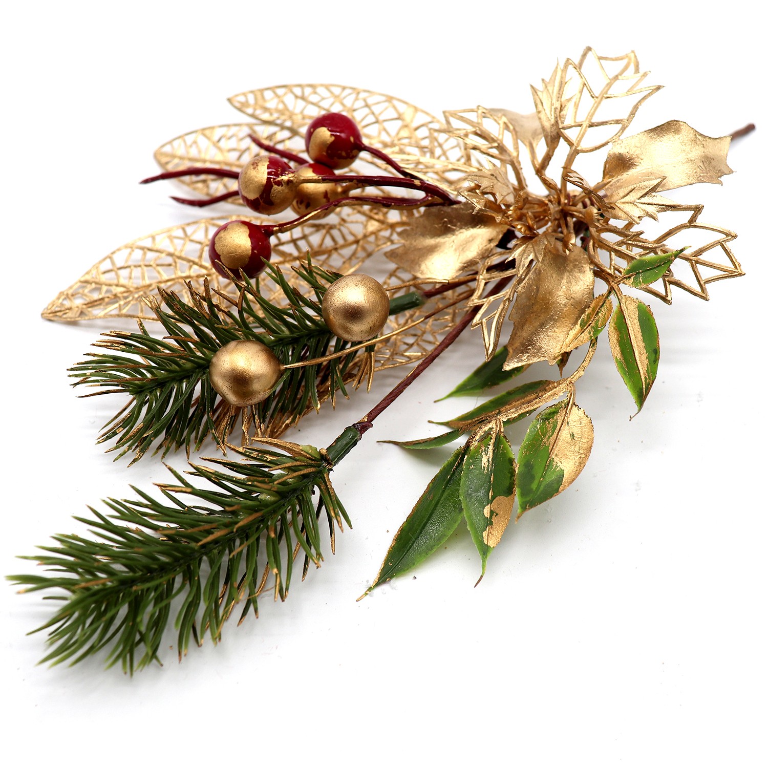 3x 21cm Christmas Red Berry Poinsettia Gold Tree Picks Xmas Floral Stems Décor