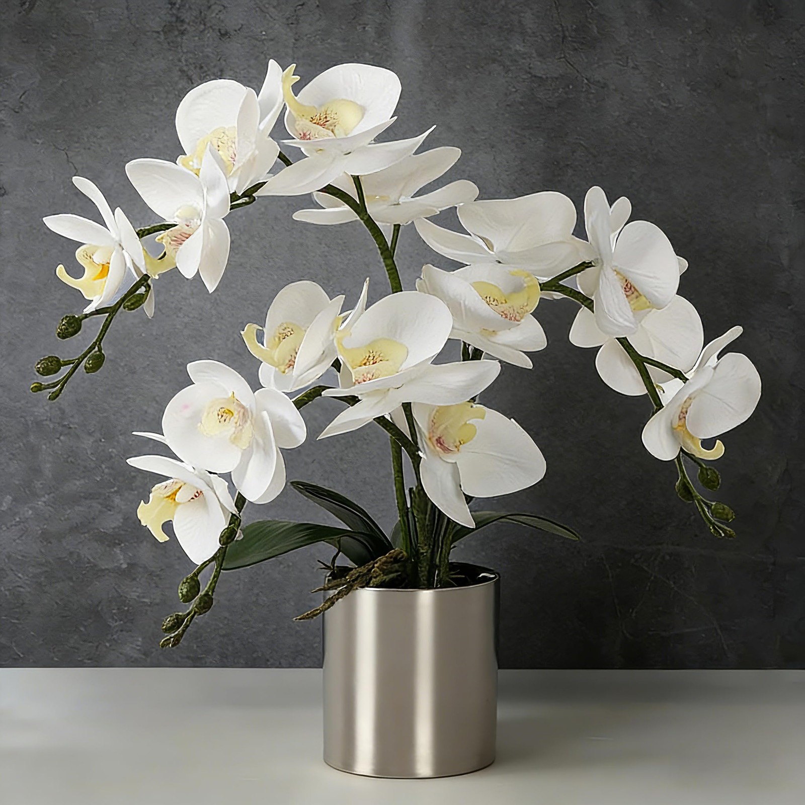Real Touch White Fake Orchid In Silver Vase Potted Flower Arrangement