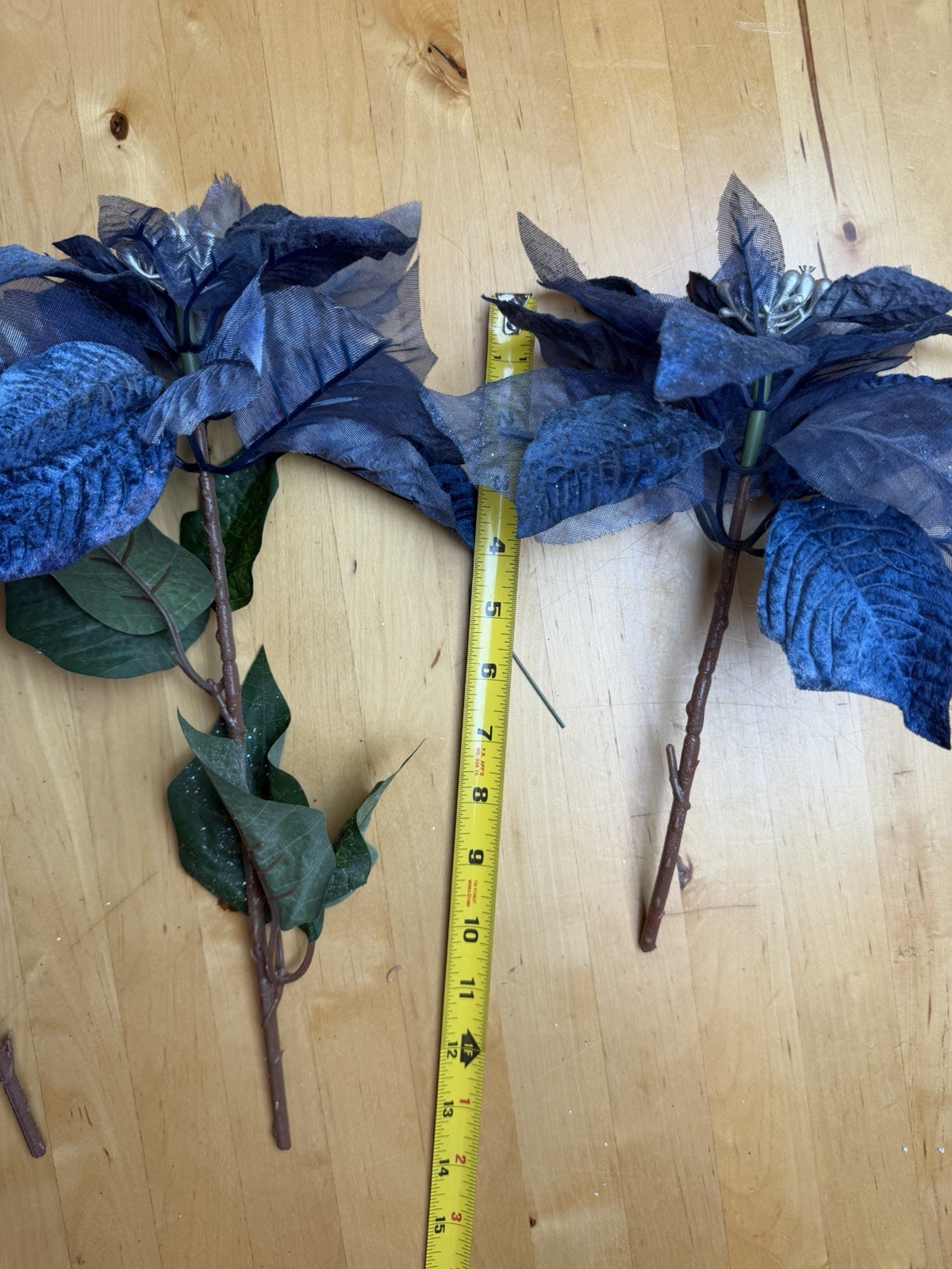 Set of 5 Navy Blue Velvet Poinsettia Stems Glitter Christmas Floral Decor 25”