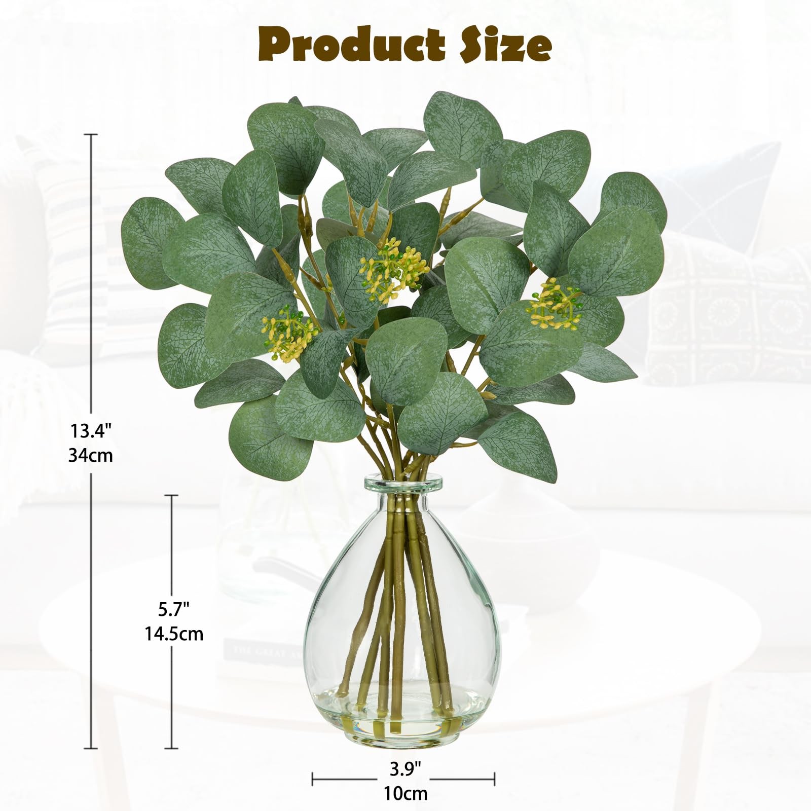 Artificial Eucalyptus Stems in Glass Vase with Faux Water, 13″ Fake Plant Euc…