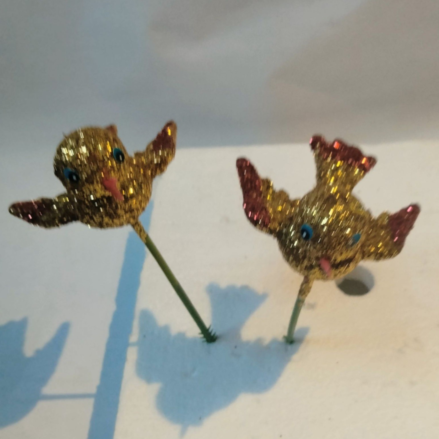 Glitter Gold Bird Ornament Green Wire Stem Decoration Crafting Lot 4
