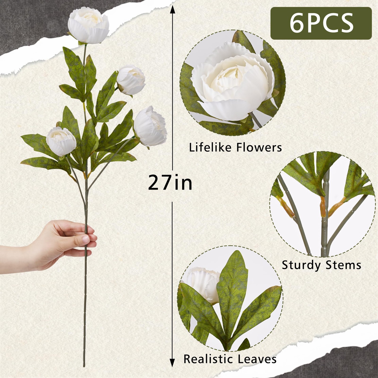 Waipfaru 6 Pcs Faux Peonies Artificial Flowers for Vase, 27″ Fake Silk Peonie…