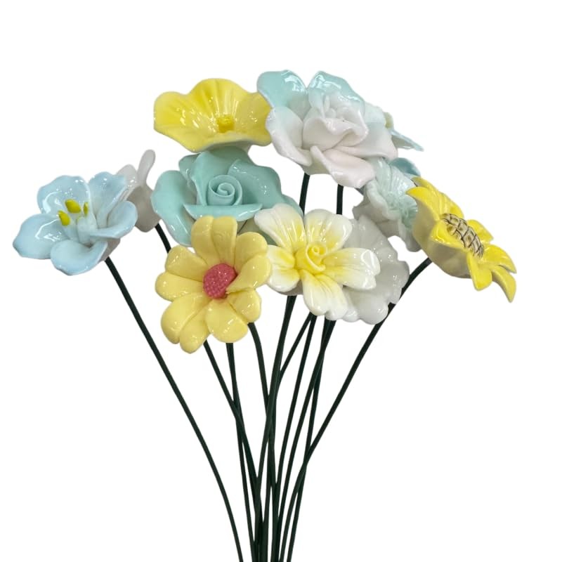 12 Pcs Handmade Ceramic Flowers Decor,Porcelain Flower Plant stakes for Outdo…