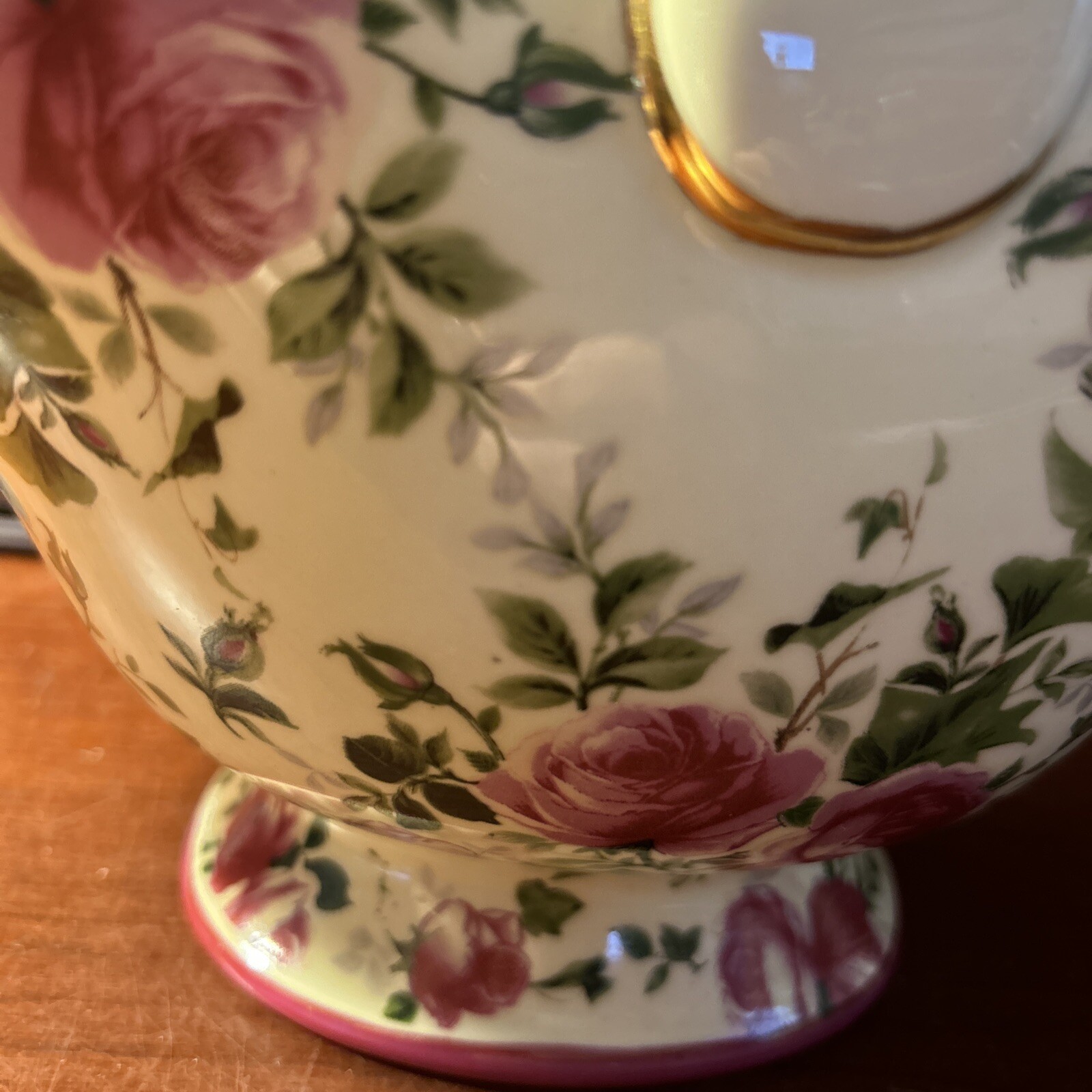 Beautiful Floral Pink Rose And Gold Trimmed Porcelain Basket 11” X 11”