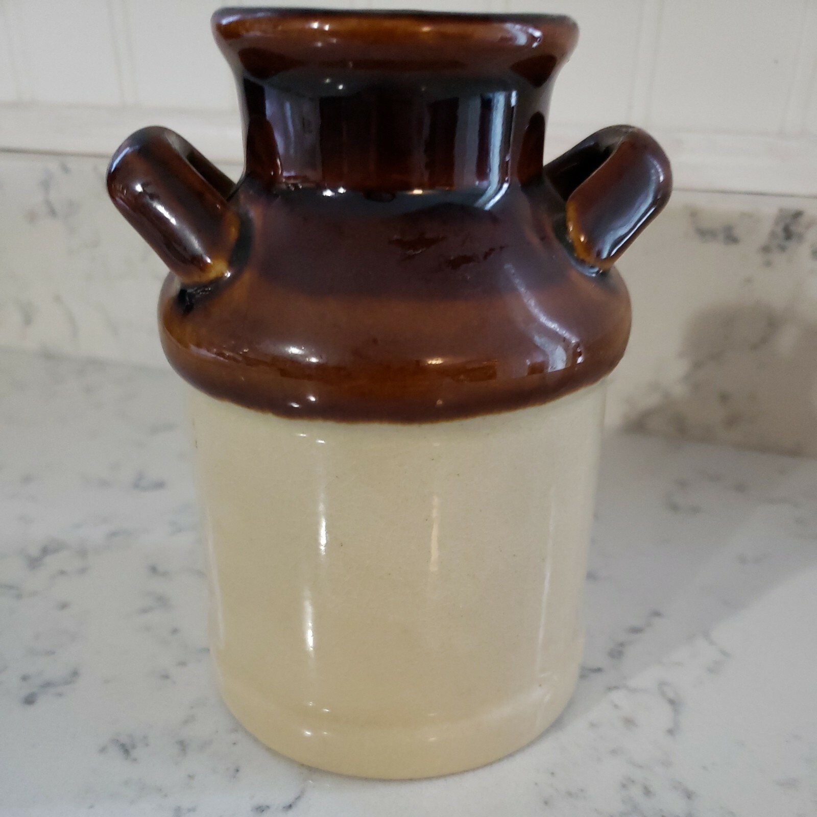 Small Vintage Milk Jug Crock Brown Tan Pot Bud Flower Vase Art Craft Creamer