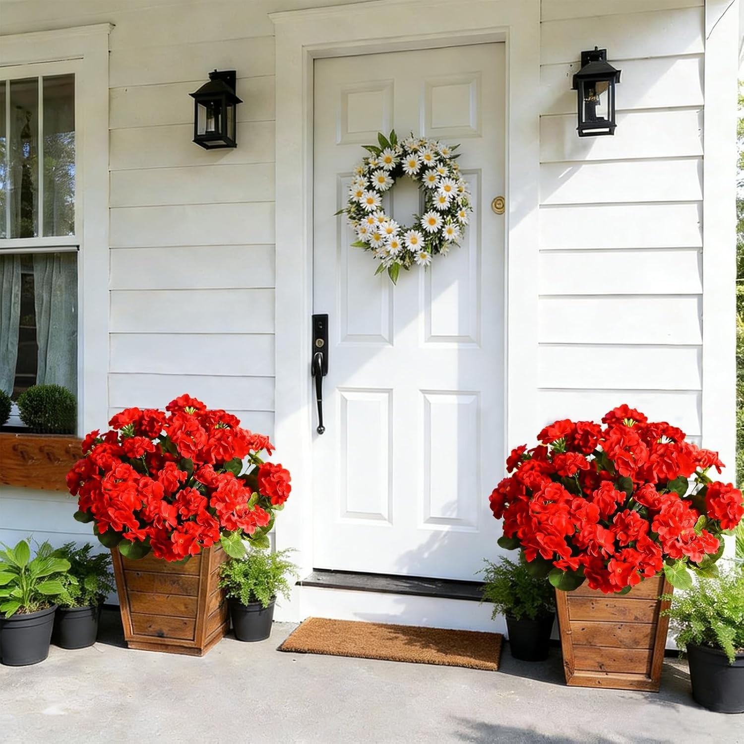 Vibrant Red Geraniums – Set of 4 UV Resistant Artificial Flowers for Outdoors