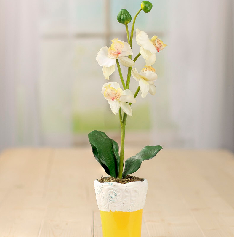 Bulk Case of 48 Cream Artificial 15″ Vanda Orchid in Yellow Planters