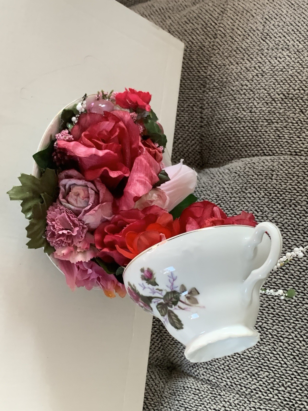 Mystical FLOATING PORCELAIN TEACUP/ARTIST MADE OOAK/Red & Pink FLORAL CASCADES/