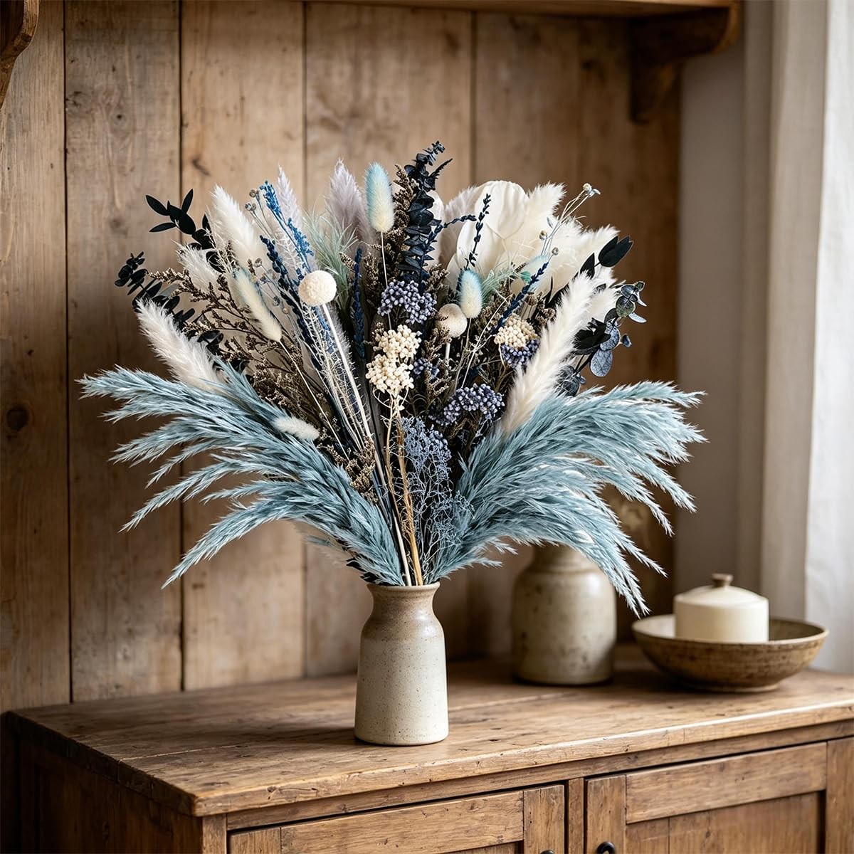 Dusty Blue Pampas Grass Arrangement, Blue and White Dried Flower Bouquet with…