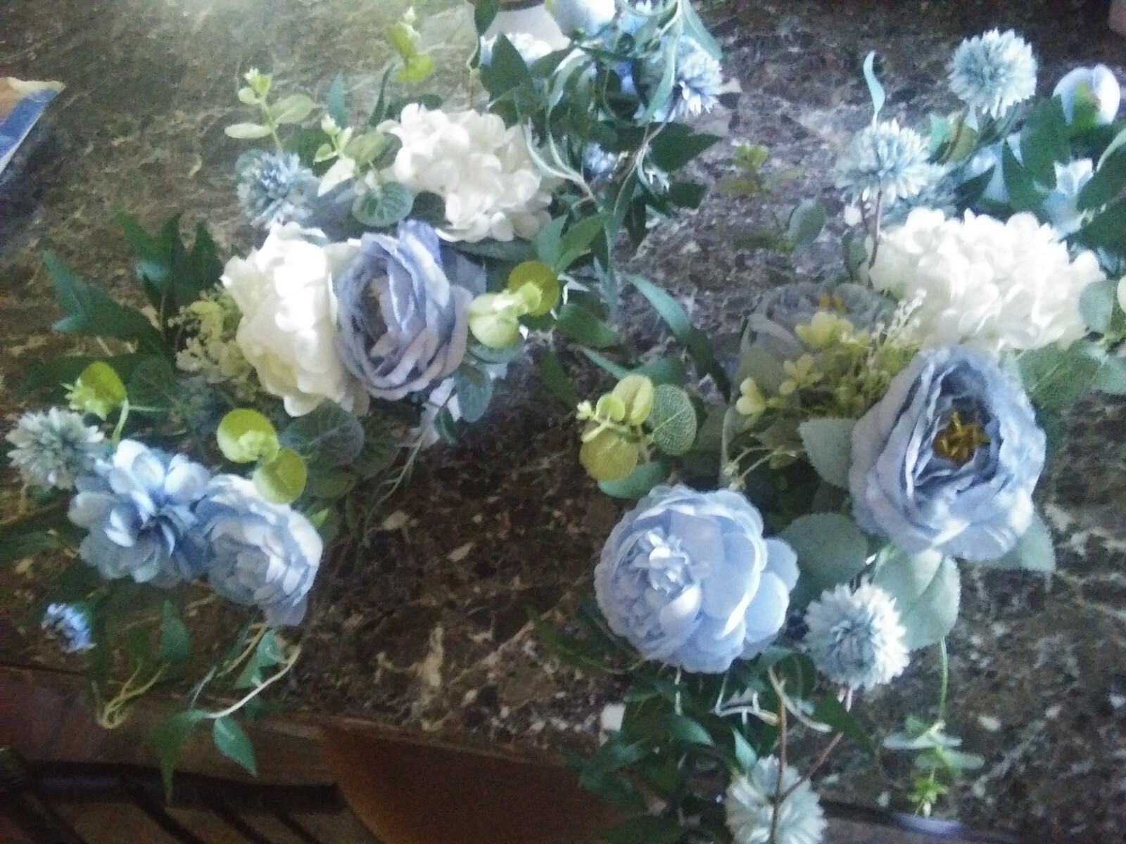 Lt Blue & White Rose faux flower arrangements, singles and greenery! GEORGEOUS