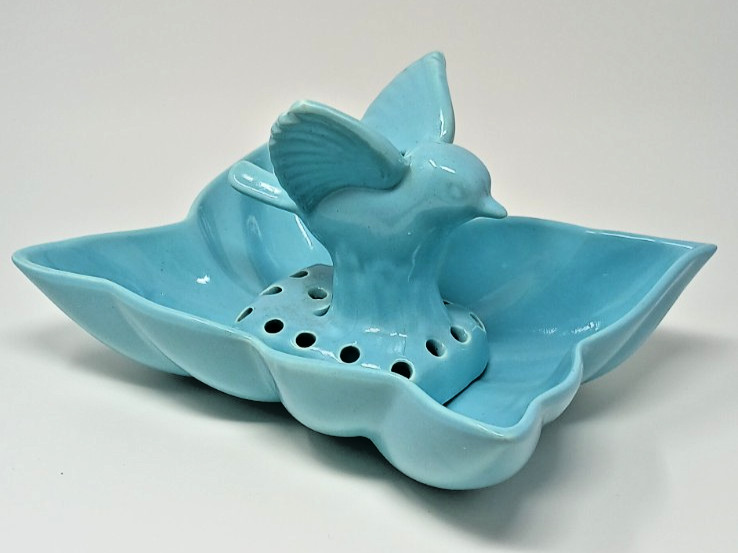Vintage Camark Pottery Blue Leaf Console Bowl with Blue Bird Flower Frog MINT