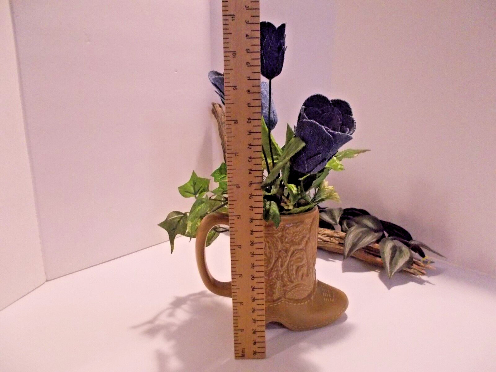 Western Cowboy Boot Cup with Handmade Denim Rose Arrangement – Upcycled Decor