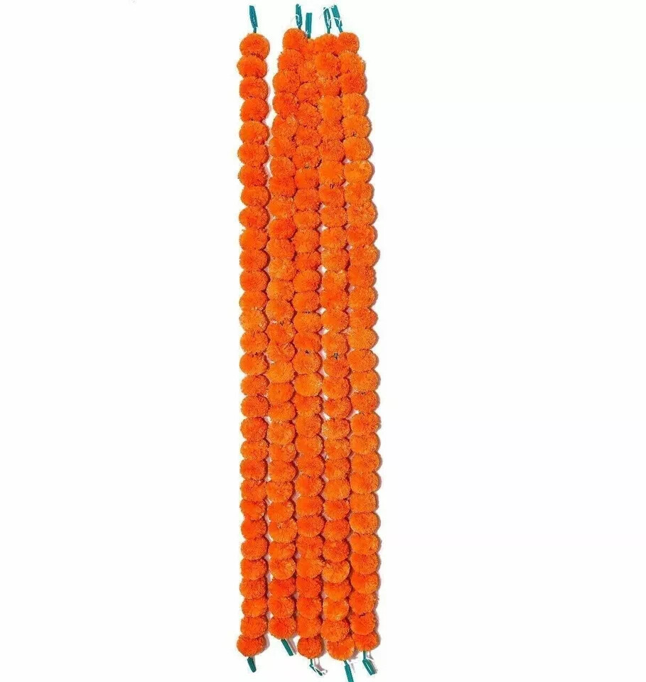 Artificial Marigold Fluffy Flowers Garlands for Decoration – Pack of 5 Orange