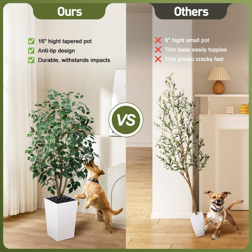 5Ft Artificial Ficus Tree,Tall Faux Tree with Pebbles & Planter UV Resistant Pot