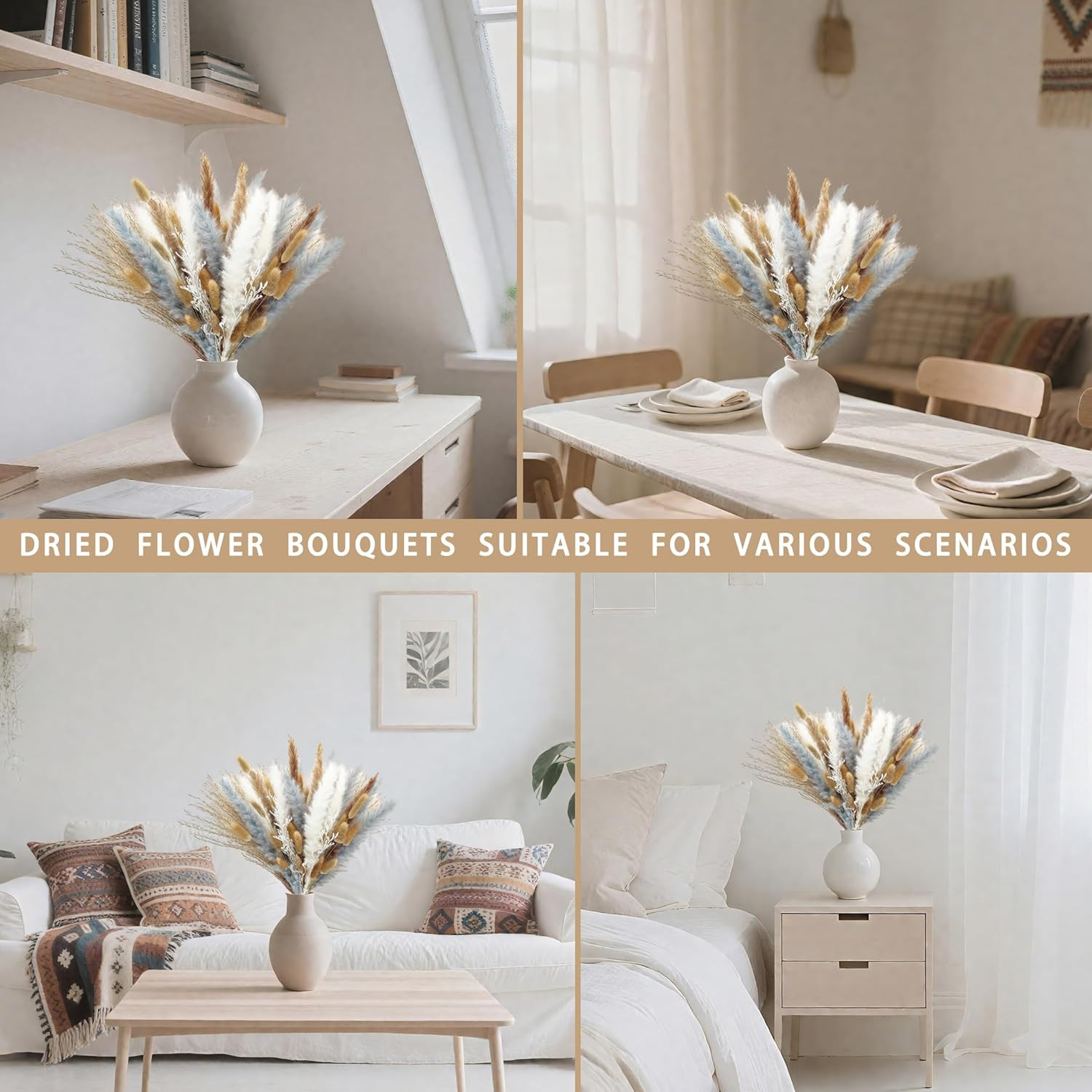 Natural Dried Flower Bouquet – 17″ Boho Style Mixed Pampas Grass Ideal for Home