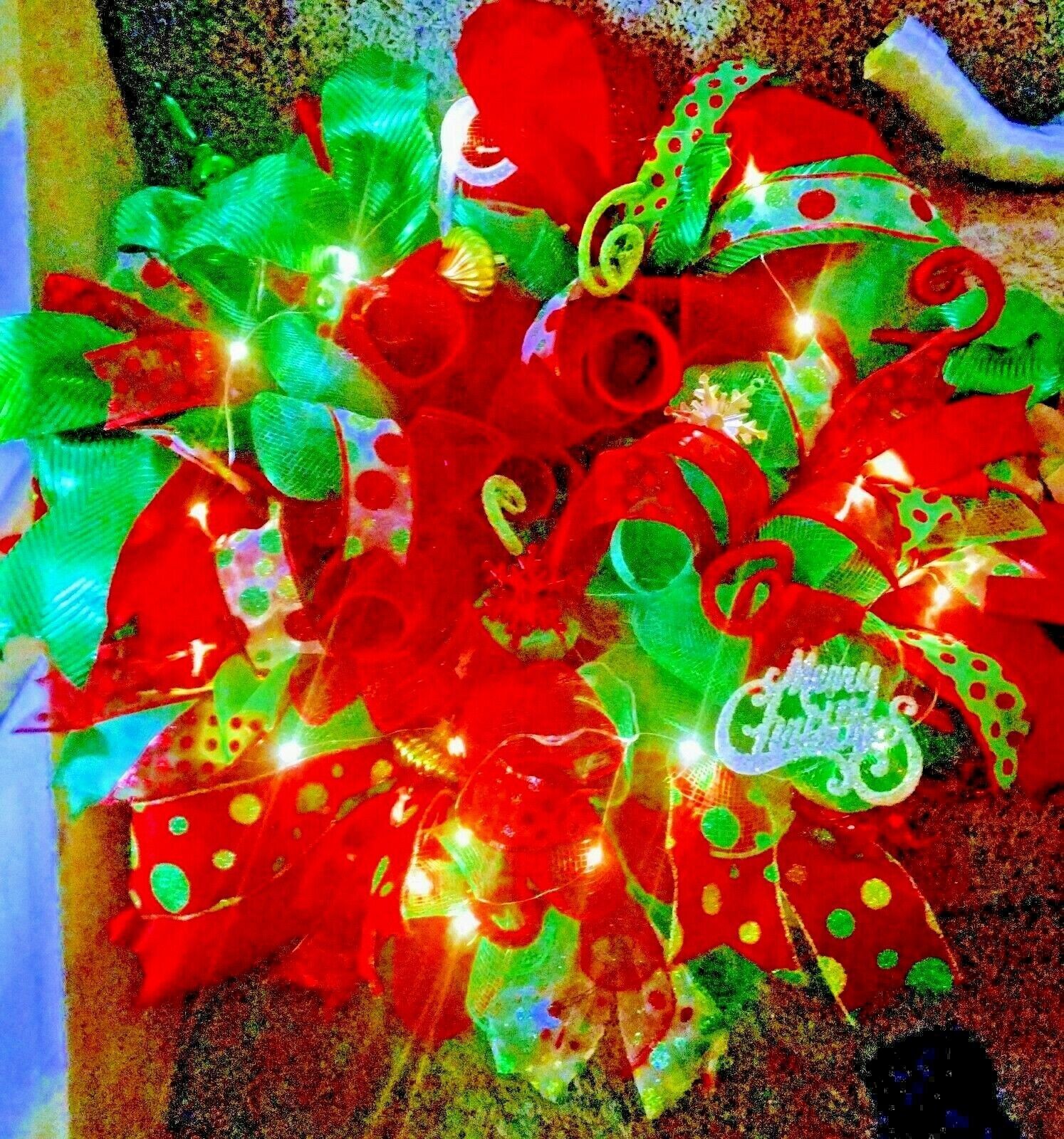 Handmade Christmas Wreath with Lights, 24″ Deco Mesh, Red/Green Door Decor