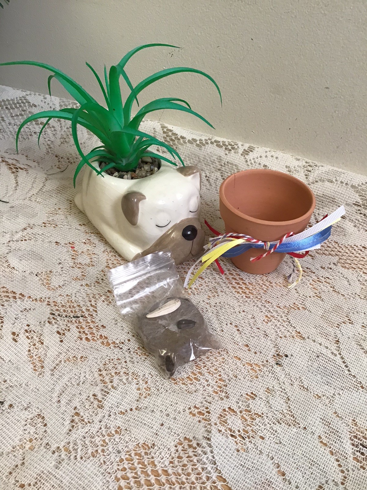 Dog & Clay Pot Succulent Planter- Brown & White Ceramic Dog – Home Decor