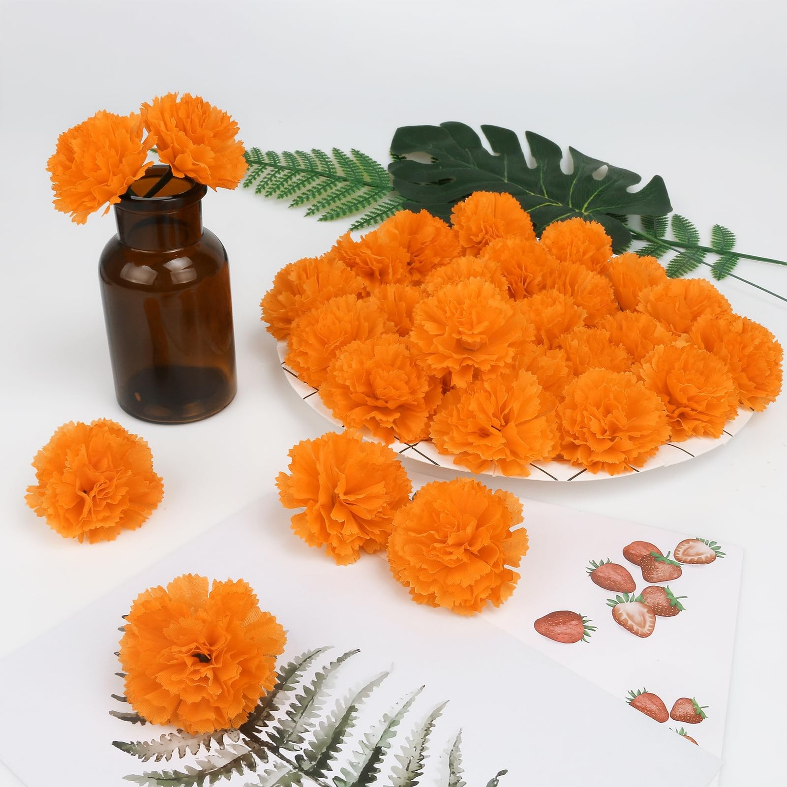 50 Pcs Artificial Marigold Flowers,2″ Silk Marigold Flower Heads with Stems,O…
