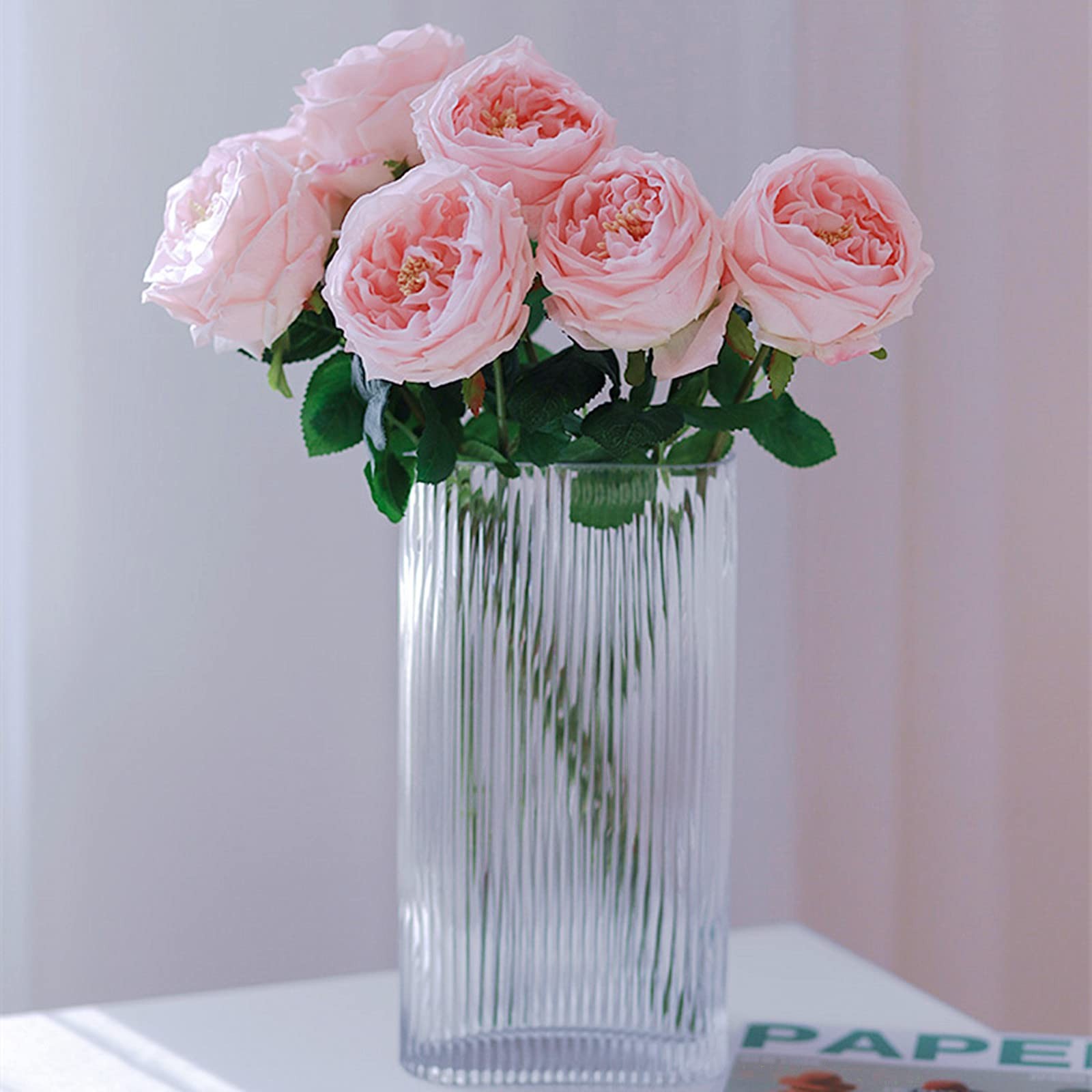 Pink Austin Roses Wedding Bouquet 4 Pcs Real Touch Latex Artificial Flowers f…