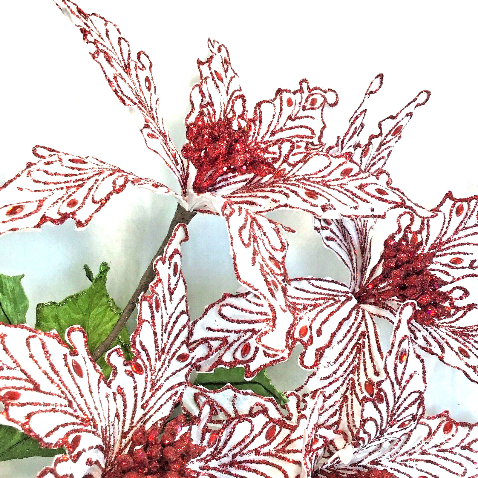Set of 5 Sparkling Red Rhinestone and Glitter Artificial Poinsettia Floral Stems
