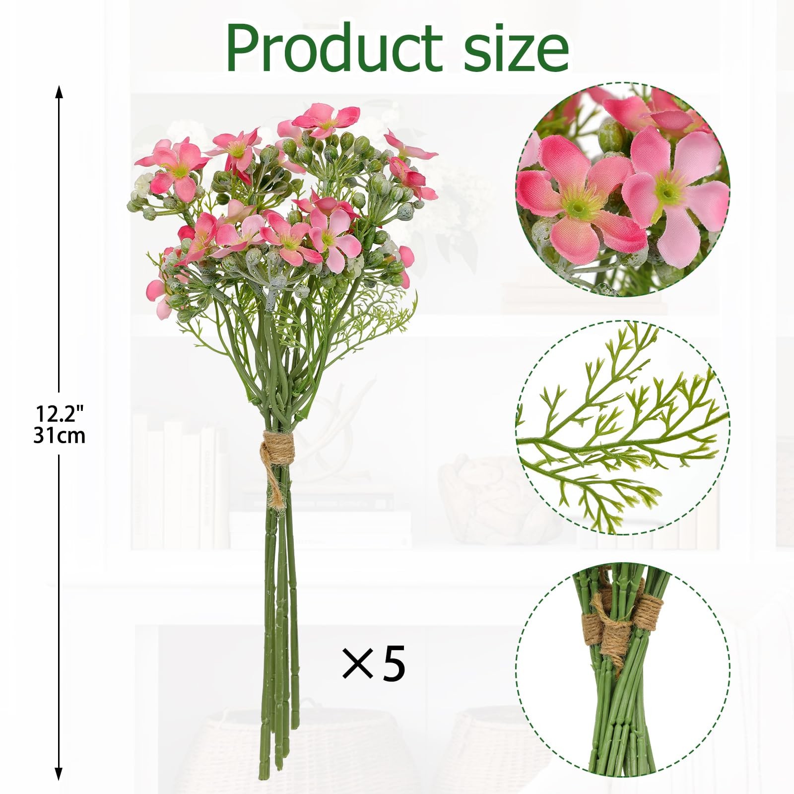 Artificial Spring Flowers UV Resistant – 5 Pcs Pink Fake Wildflowers 12.2″ Fa…